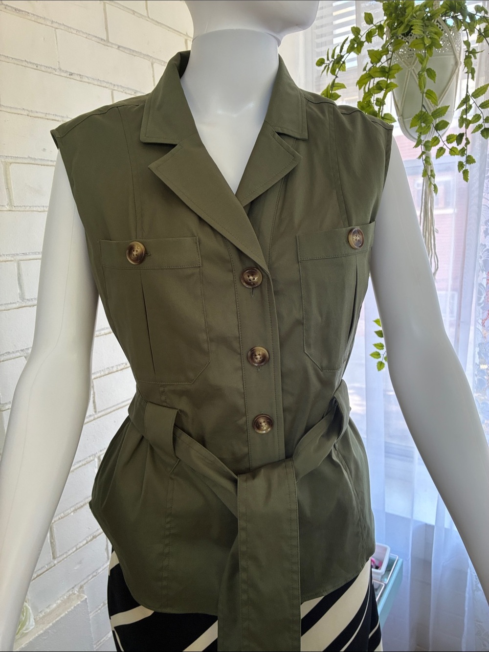 White House Black Market Olive Green Sleeveless Utility Vest with Belt